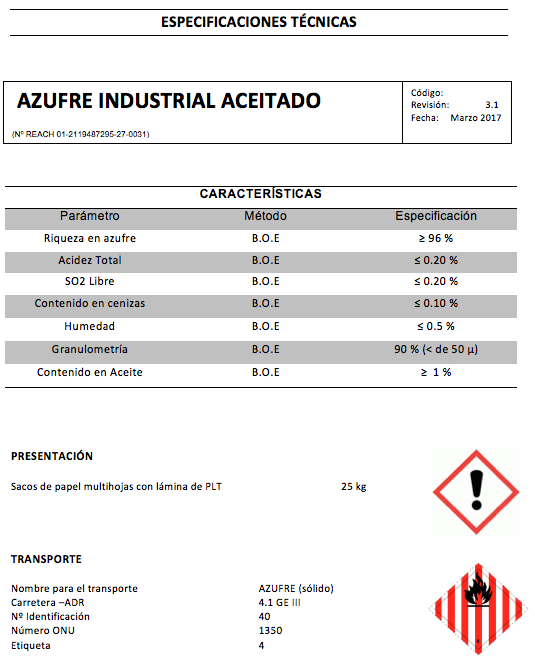 Enxofre industrial oleado - Productos AJF
